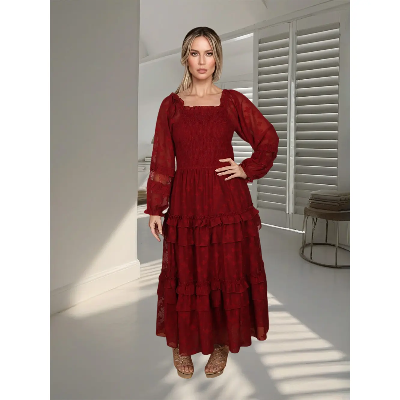 OEM Custom Square Neck Long-Sleeve Dress: Timeless Elegance for Discerning Women Manufacturers, Factory
