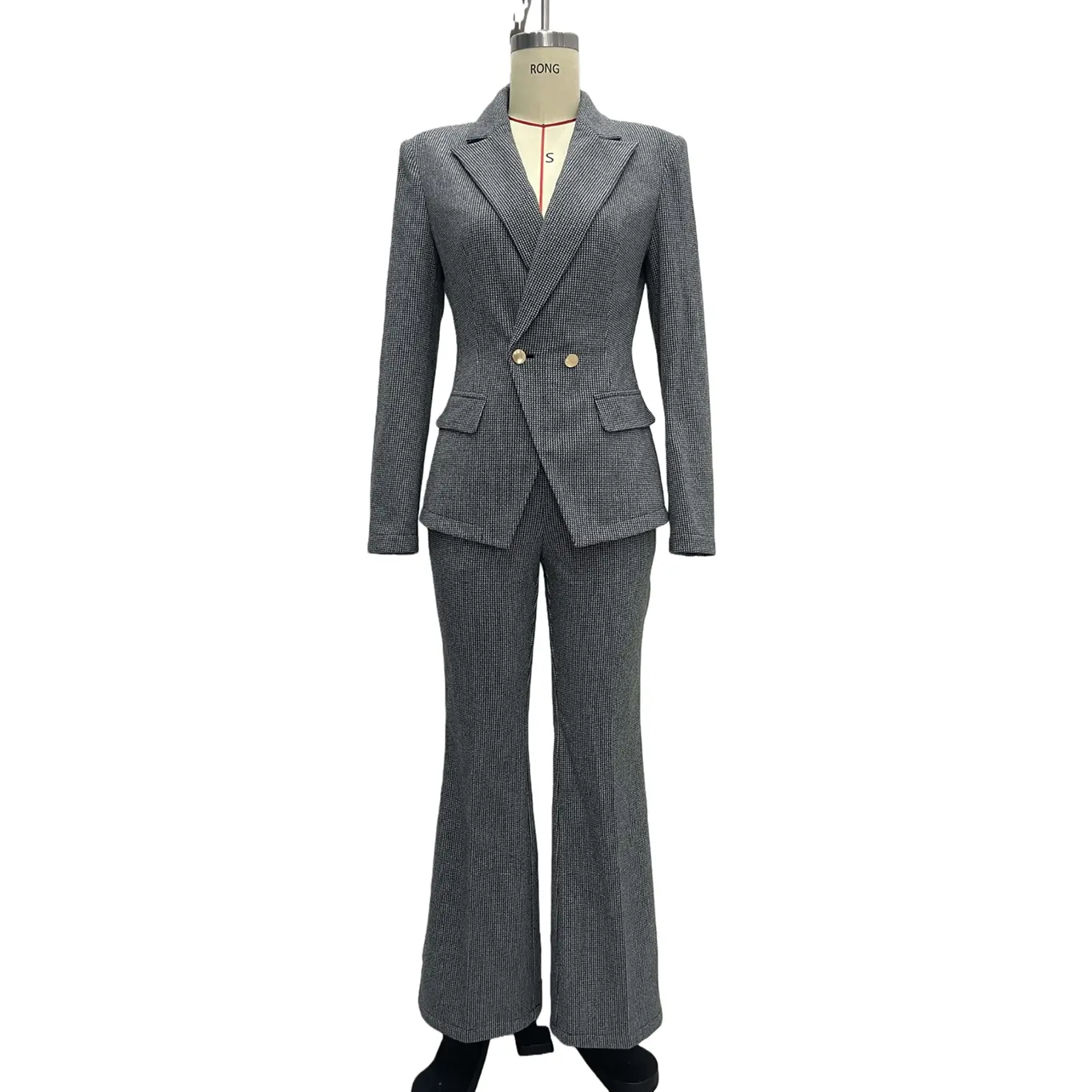 ODM Professional Formal Office Women's High-end Elegant Autumn Winter Blazer Flared Pants Two-piece Set Gray Plaid Worsted Button Manufacturers, Manufacturer