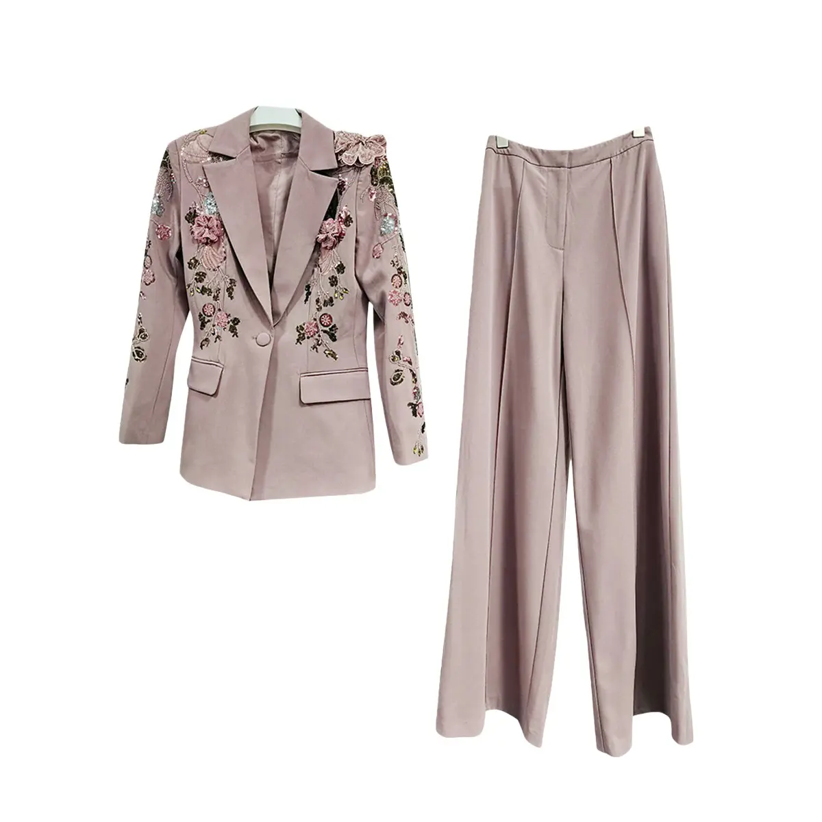 High-Quality Light pink suit set, 2025 autumn new style, women's 3D floral embroidery sequin patchwork jacket + wide-leg pants Suppliers, Manufacturer