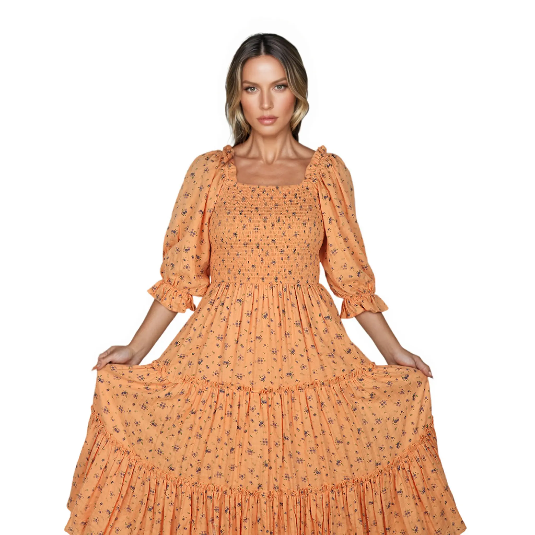 High-Quality Floral Print Square-Collar Cotton Summer Dress Suppliers, Factory