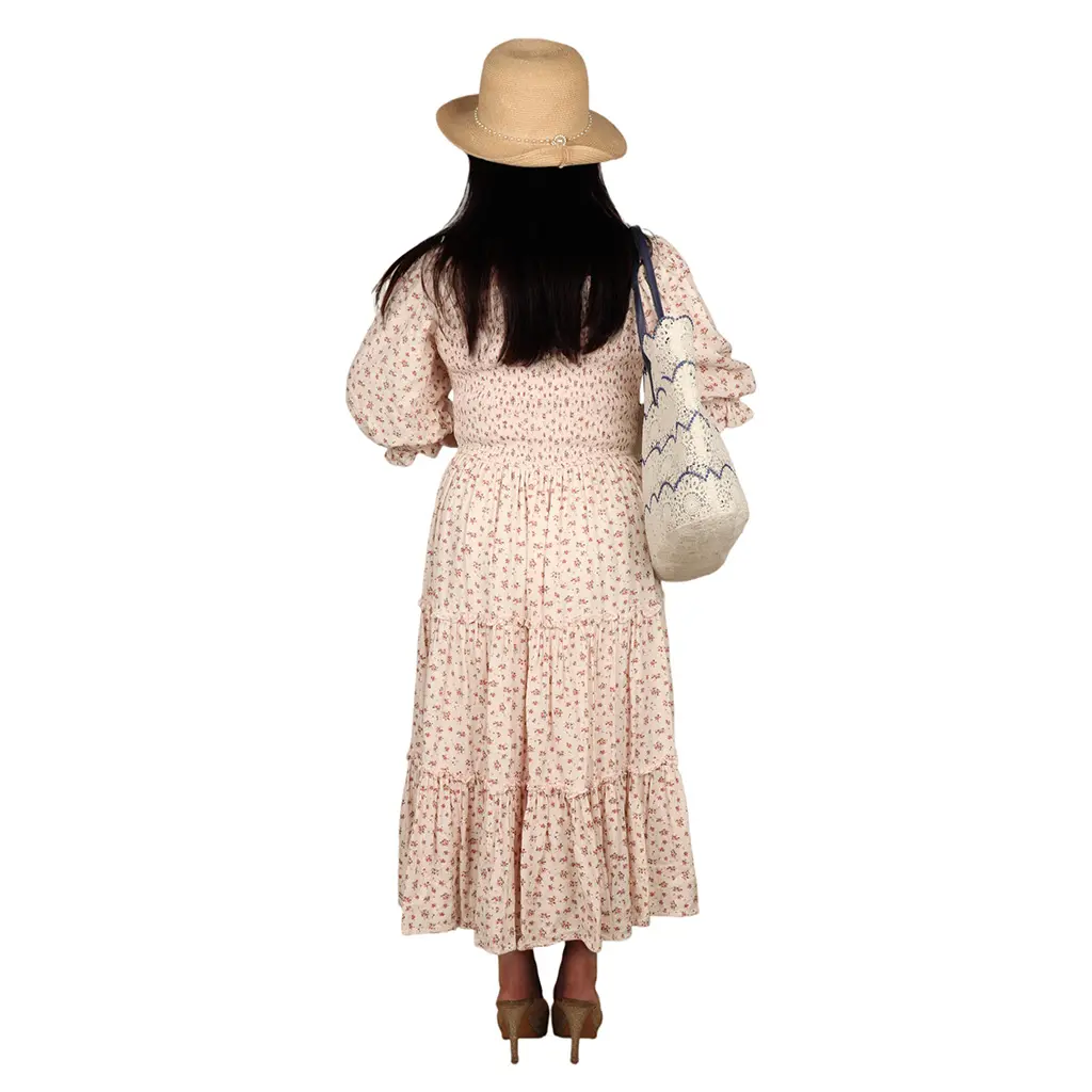 ODM Floral Printed Sweetheart Neck Puff Short Sleeve Button Front Ruched Waist Flowy Women's Summer Elegant Party Maxi Dress Supplier, Manufacturers