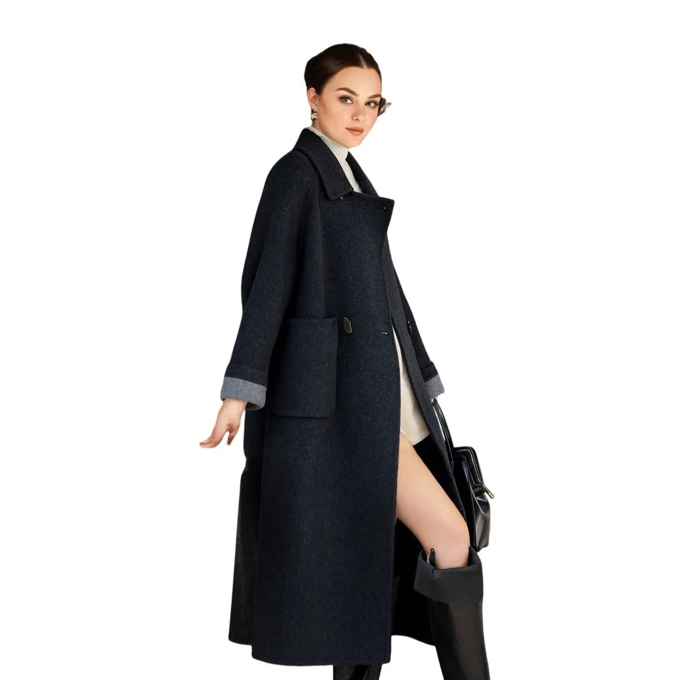 ODM Textured Drop Shoulder Sleeve Small Button Embellished Women's Overcoat With Slouchy Bag 100% Wool Coat Manufacturers, Manufacturer