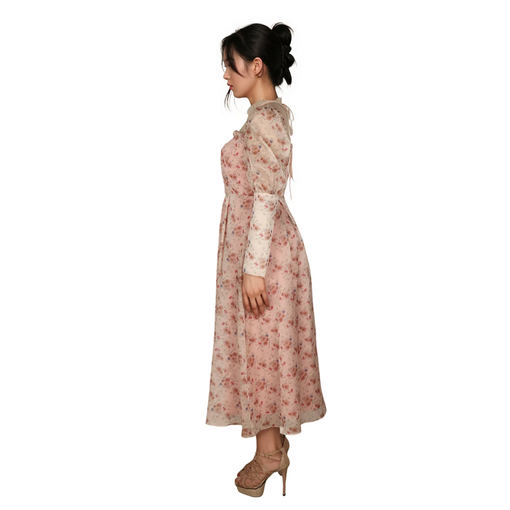 ODM European and American New Foreign Trade Floral Fairy Intellectual Style Waist-Tight Square Collar Lace up Long Dress Supplier, Factories