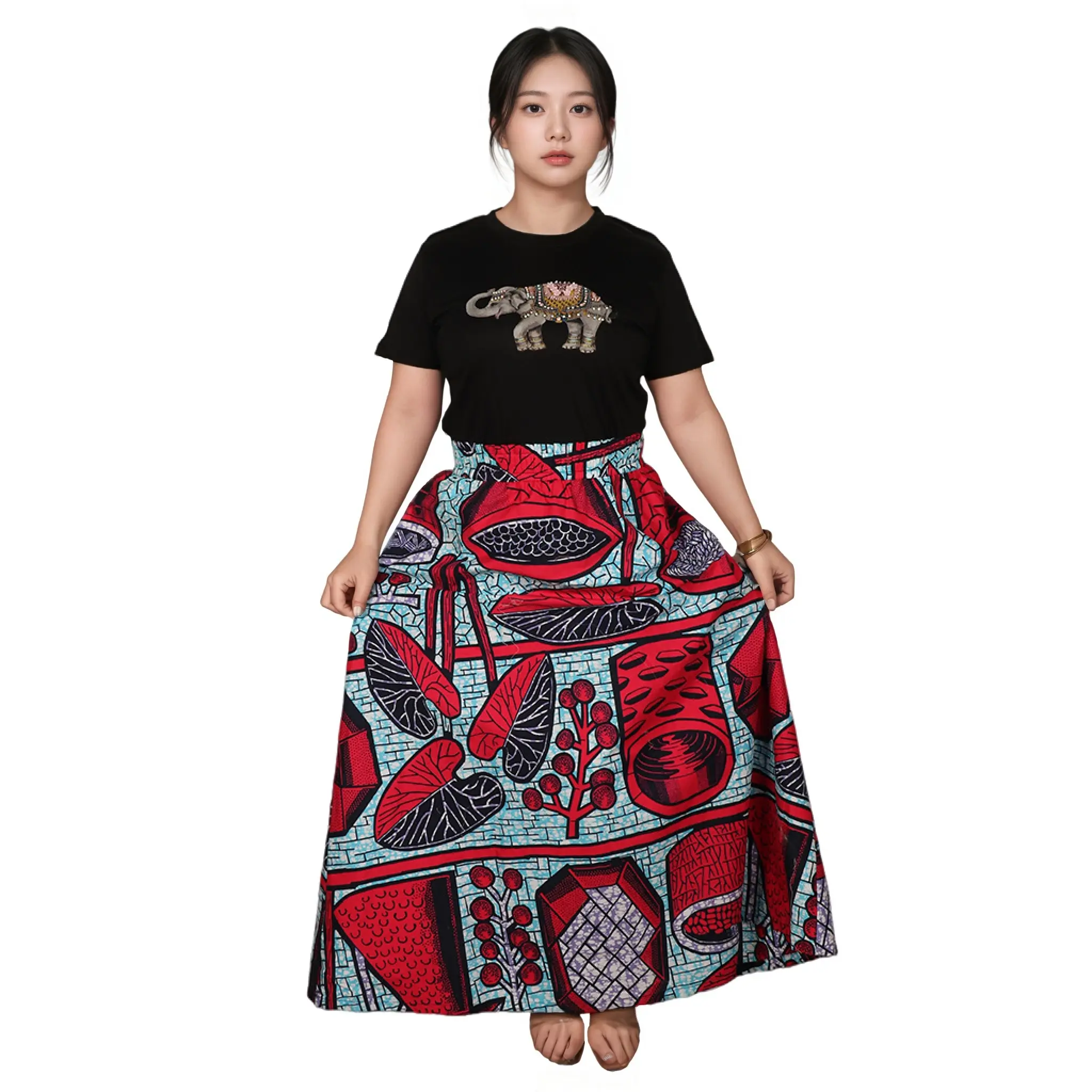 ODM Brand Summer Casual Pleated Floor-Length Natural Waist 100% Cotton Quality Skirts Womens Fashion European Cartoon Print Supplier, Factories