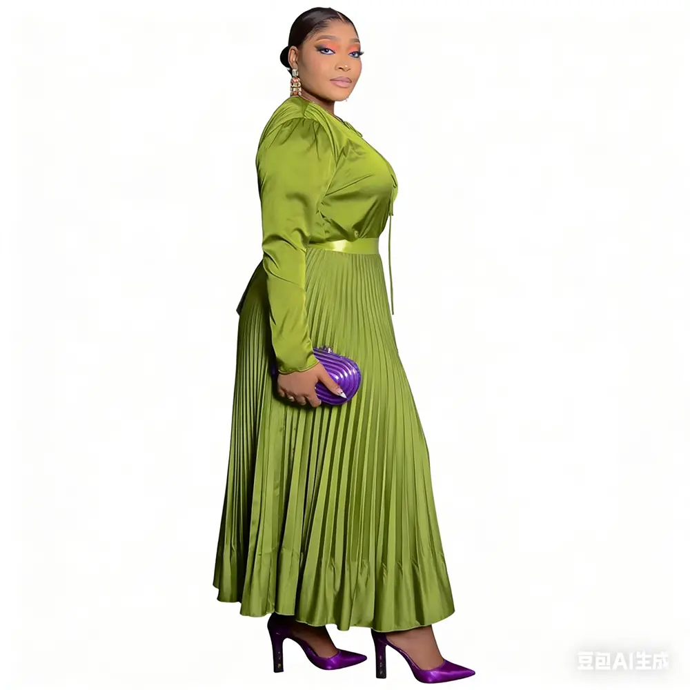 High-Quality Boutique Wholesale Summer New Style Embroidered Lace Satin Versatile Pleated Solid Color Long Sleeved Slimming Plus-size Dress Factories, Factory