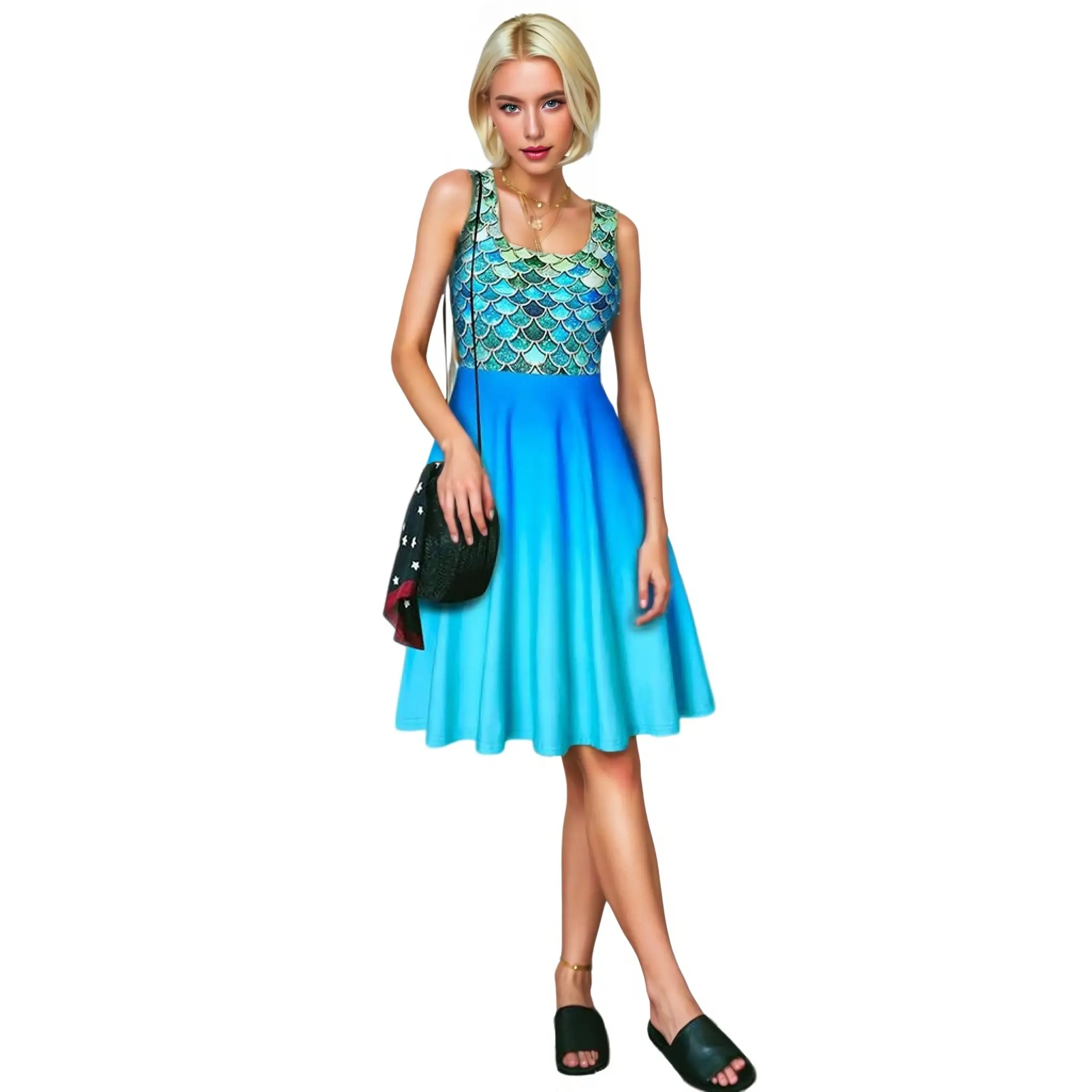 OEM Women's Sleeveless Square Collar Vintage Empire Waist Anti-Static Summer Beach Casual Midi a Line Dress Suppliers, Factory