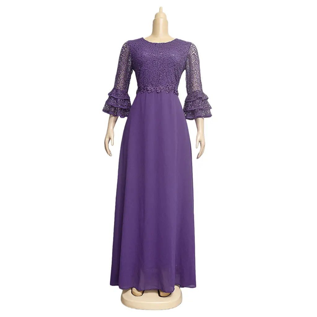 OEM African European and American Women's Plus Size Eco-Friendly Washable Woven Lace Solid Natural Waist Ruffles Chiffon Dress Manufacturer, Factories