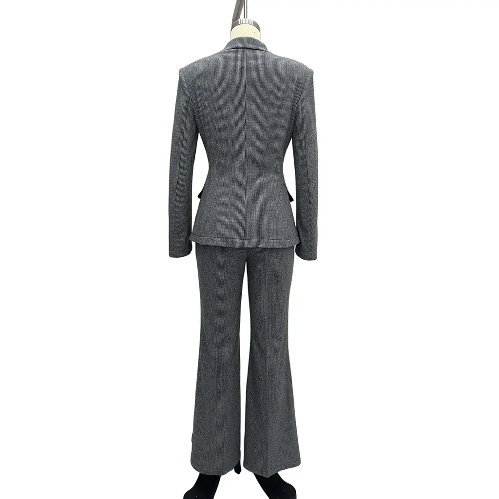 ODM Professional Formal Office Women's High-end Elegant Autumn Winter Blazer Flared Pants Two-piece Set Gray Plaid Worsted Button Manufacturers, Manufacturer