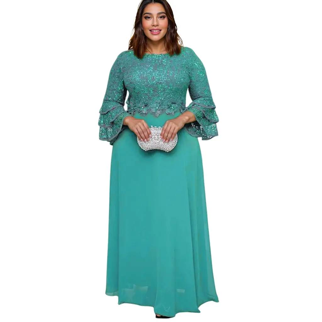 OEM African European and American Women's Plus Size Eco-Friendly Washable Woven Lace Solid Natural Waist Ruffles Chiffon Dress Manufacturer, Factories
