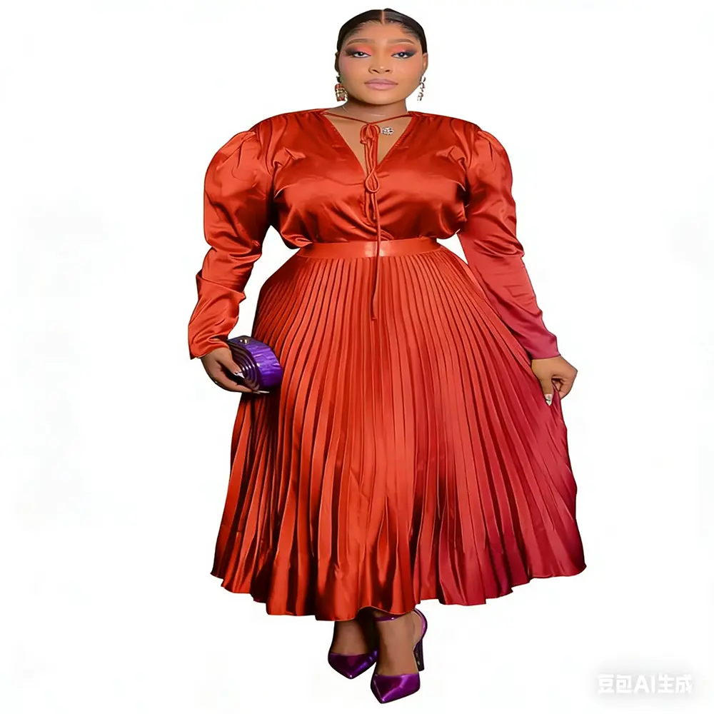 High-Quality Boutique Wholesale Summer New Style Embroidered Lace Satin Versatile Pleated Solid Color Long Sleeved Slimming Plus-size Dress Factories, Factory