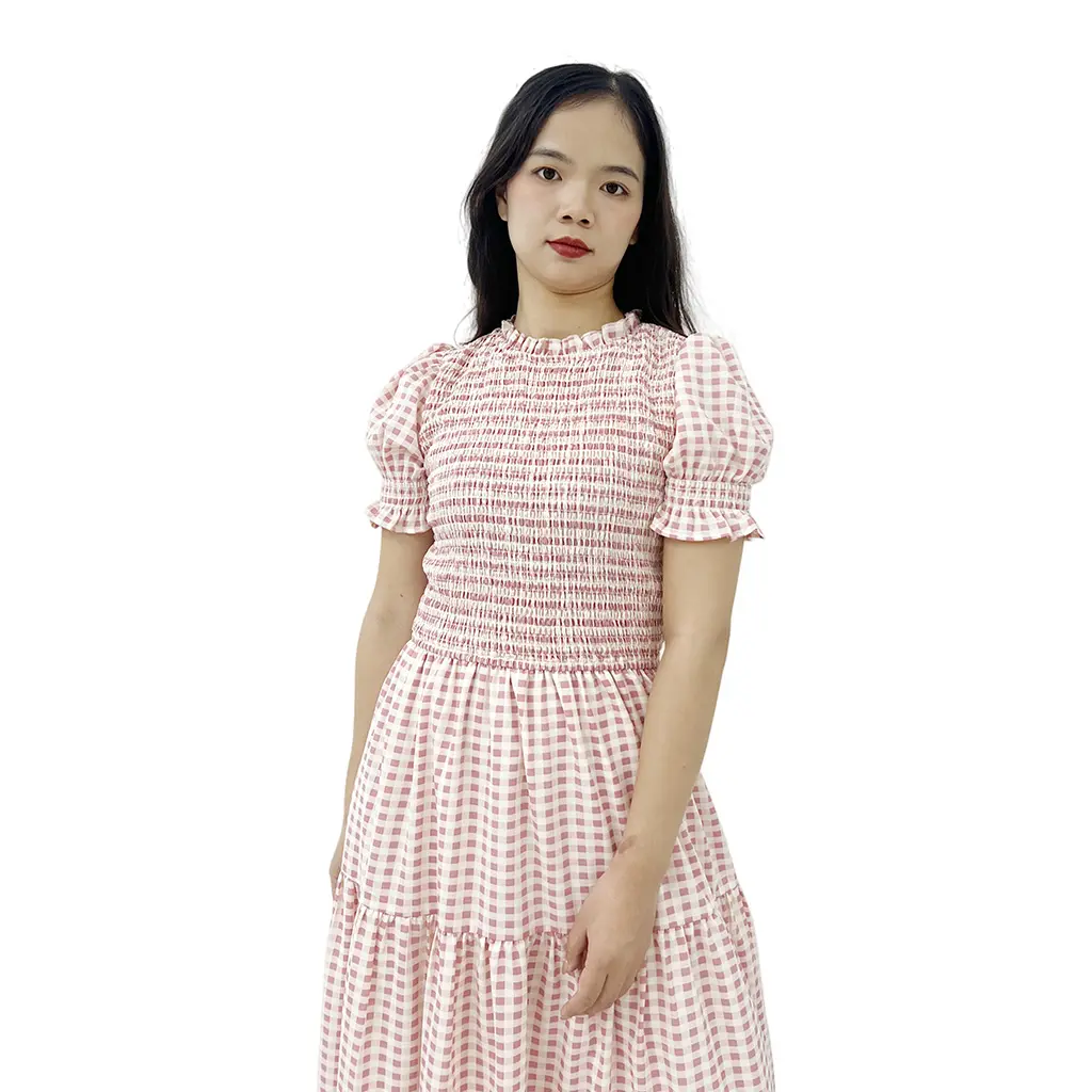 High-Quality Customized Casual Ladies O Neck Tiered Ruffles Heart Print Shirred Pink Floor-Length Natural Waist Dress for Women Supplier, Factories