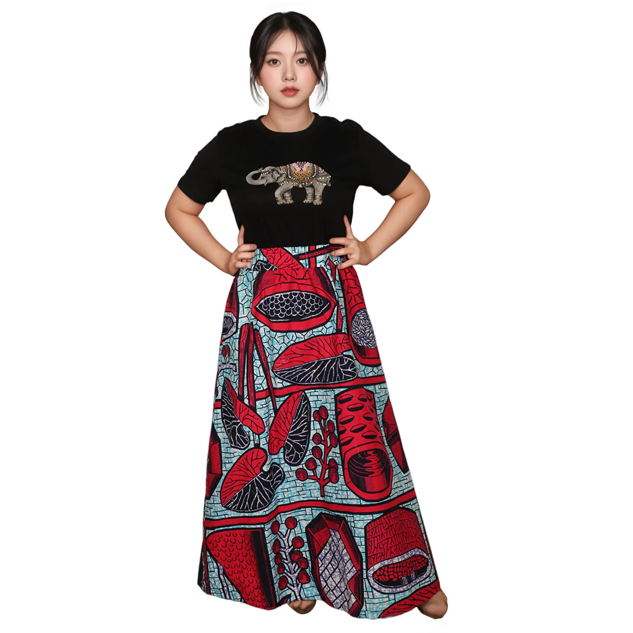 Brand Summer Casual Pleated Floor-Length Natural Waist 100% Cotton Quality Skirt Women's Fashion European Cartoon Print