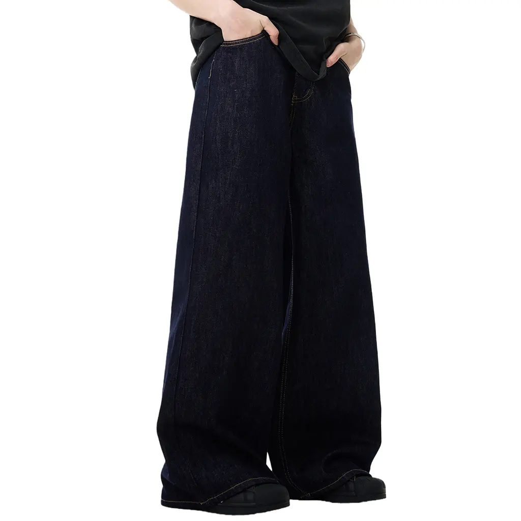 High-Quality American Style Simple Retro Blue Straight-Leg Cotton Denim Mid Waist Unisex Basic Loose Jeans Breathable Eco-Friendly Trendy Manufacturers, Factories
