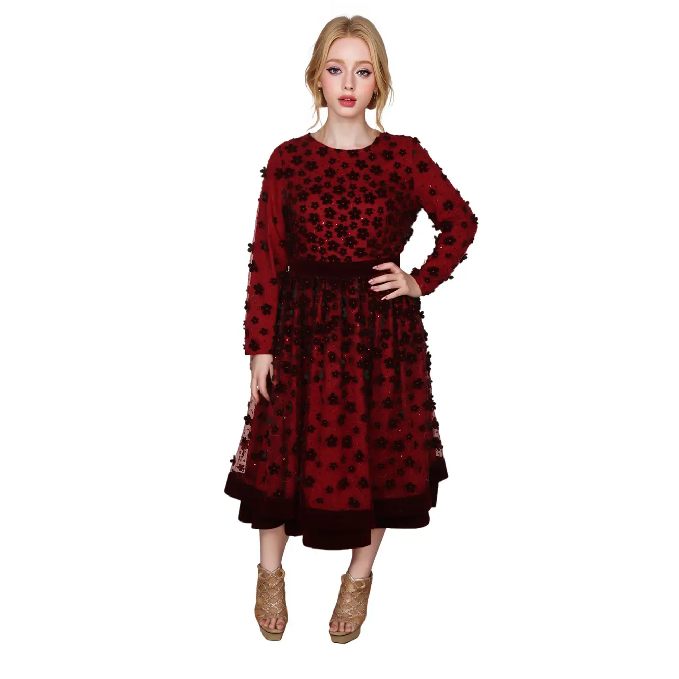ODM Women's Velvet Long-Sleeve Dress with Floral Embellishments: Elegance Meets Comfort Supplier, Manufacturers