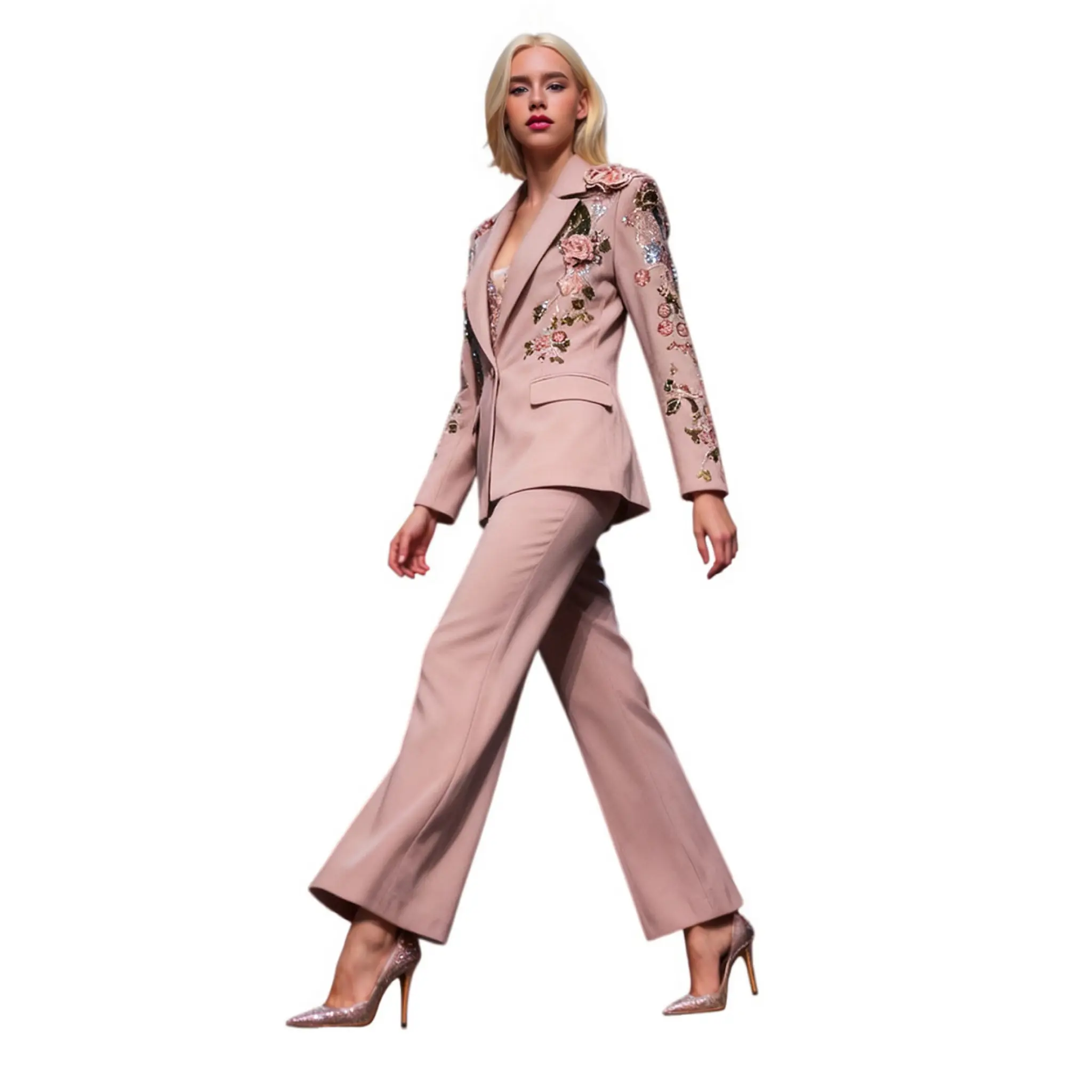 High-Quality Light pink suit set, 2025 autumn new style, women's 3D floral embroidery sequin patchwork jacket + wide-leg pants Suppliers, Manufacturer