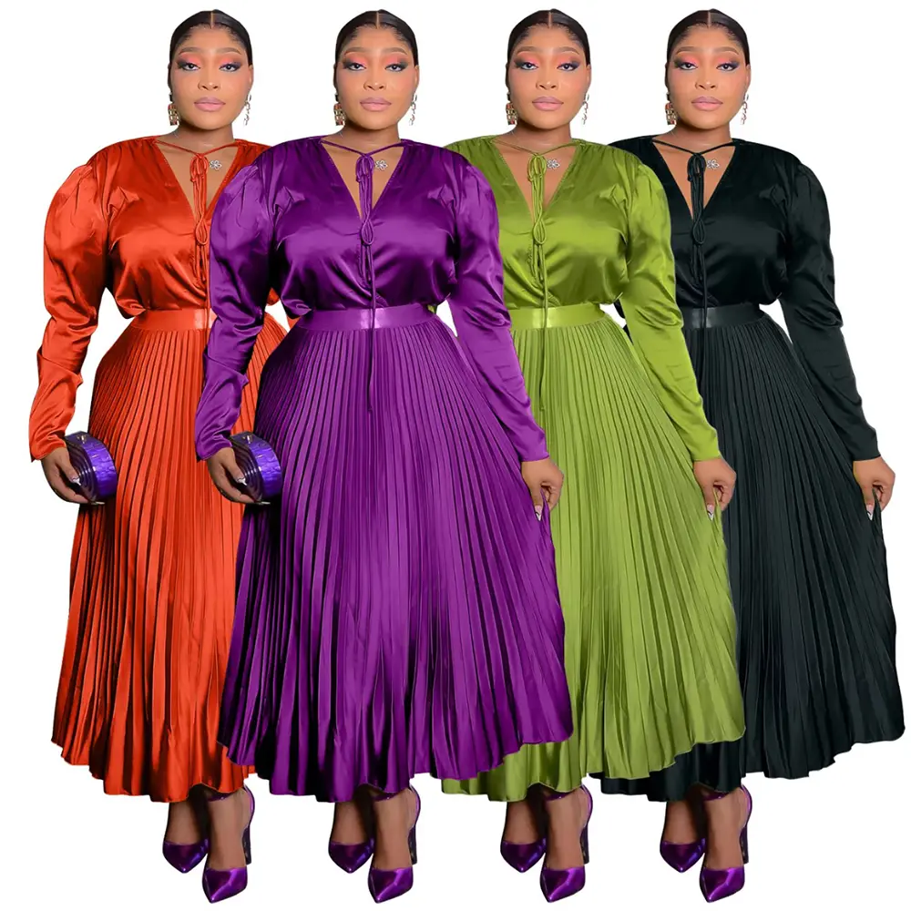 Boutique Wholesale Summer Embroidered Lace Satin Versatile Pleated Solid Color Long Sleeved Slimming Plus-size Dress