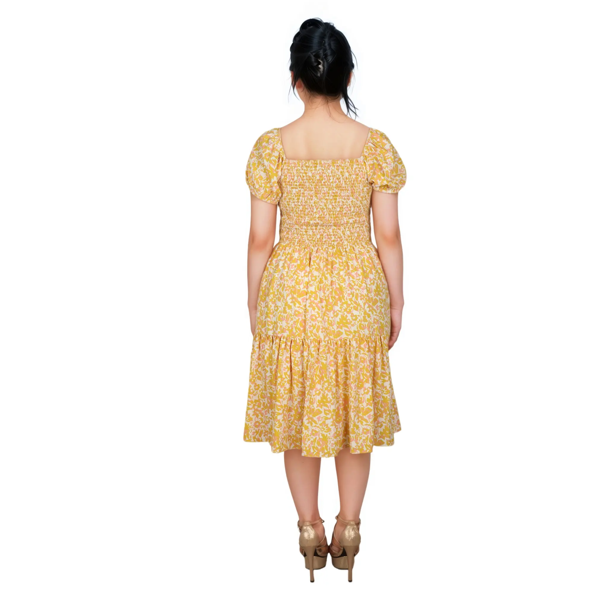 OEM Custom Yellow Floral Cotton-Linen Dress: Effortless Summer Style for Wholesale