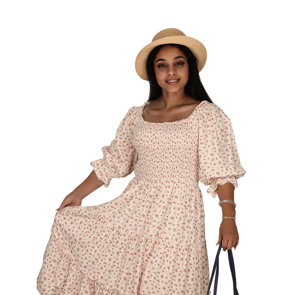 ODM Floral Printed Sweetheart Neck Puff Short Sleeve Button Front Ruched Waist Flowy Women's Summer Elegant Party Maxi Dress Supplier, Manufacturers