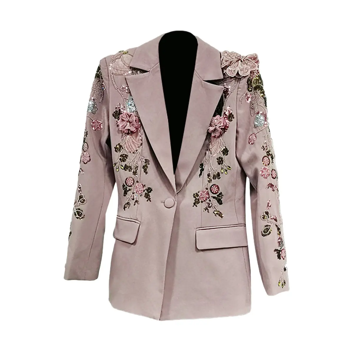High-Quality Light pink suit set, 2025 autumn new style, women's 3D floral embroidery sequin patchwork jacket + wide-leg pants Suppliers, Manufacturer