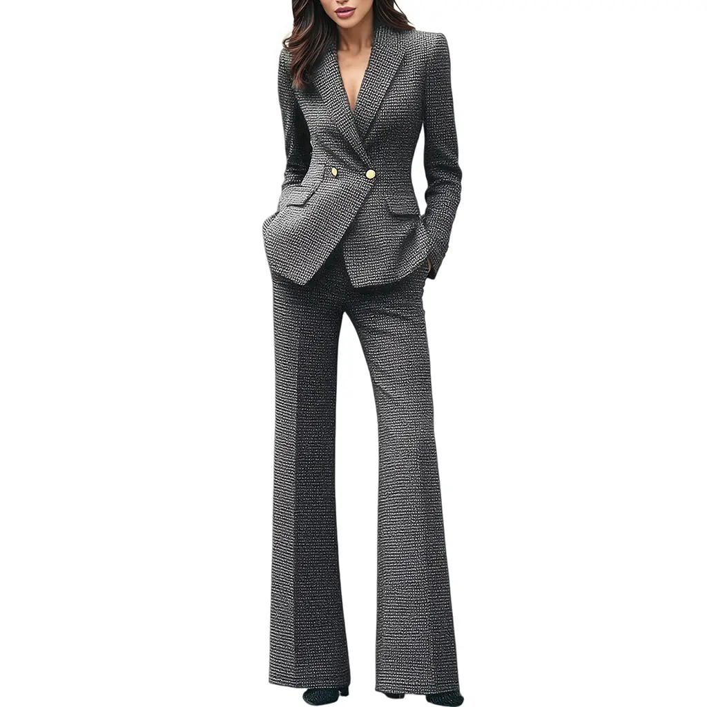 ODM Professional Formal Office Women's High-end Elegant Autumn Winter Blazer Flared Pants Two-piece Set Gray Plaid Worsted Button Manufacturers, Manufacturer