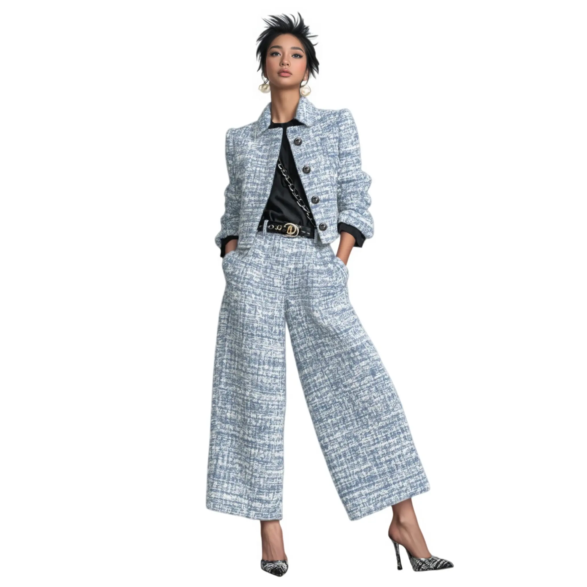 High-Quality 2025 Cross-Border European and American New Style Lapel Slim Fit Women's Clothing European and American Style Long Sleeve Short Jacket with Wide-Leg Pants Set Suppliers, Manufacturer