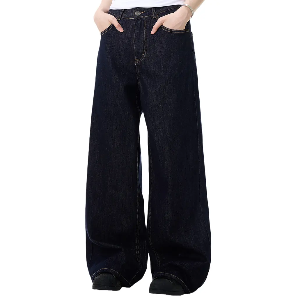 High-Quality American Style Simple Retro Blue Straight-Leg Cotton Denim Mid Waist Unisex Basic Loose Jeans Breathable Eco-Friendly Trendy Manufacturers, Factories