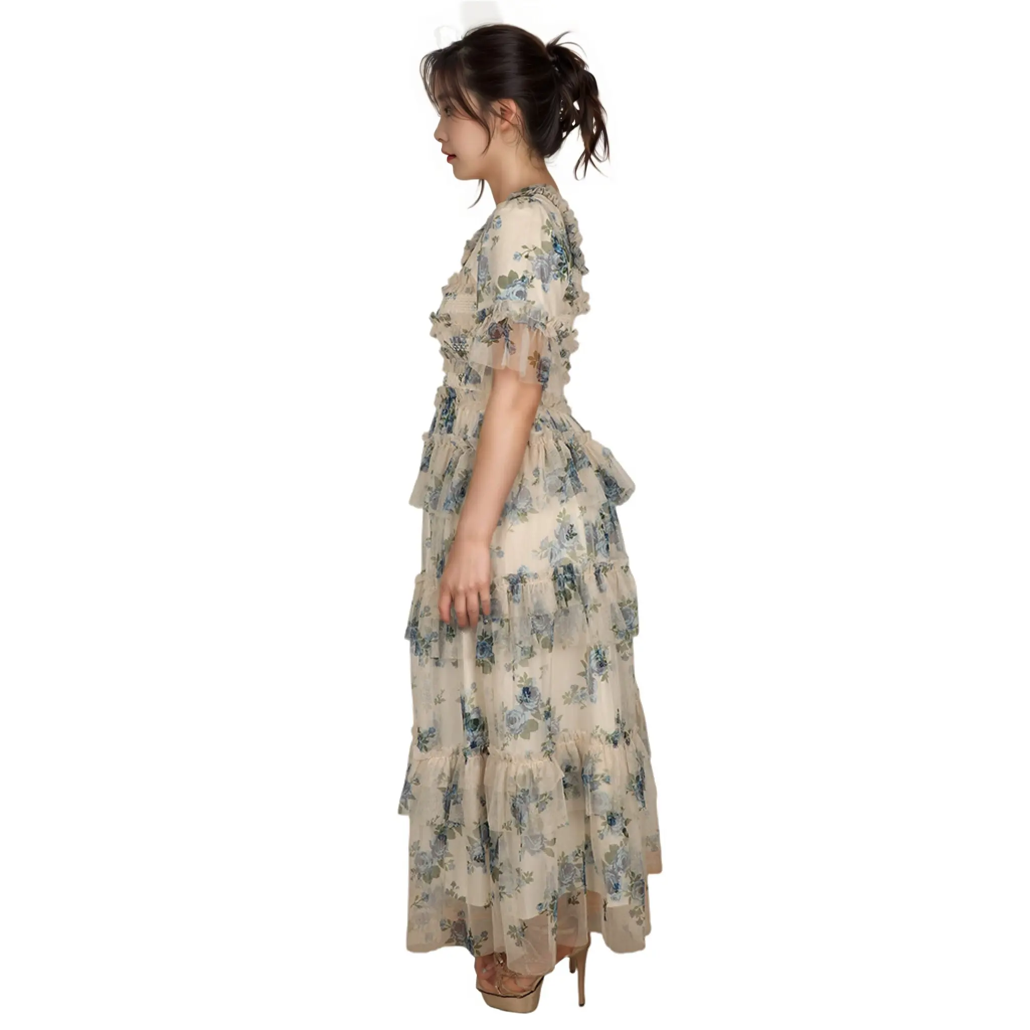 OEM ODM Custom Blue Floral Digital Print Dress Wholesale High Quality Smocked Flared Long Maxi Summer Dresses Women Clothes