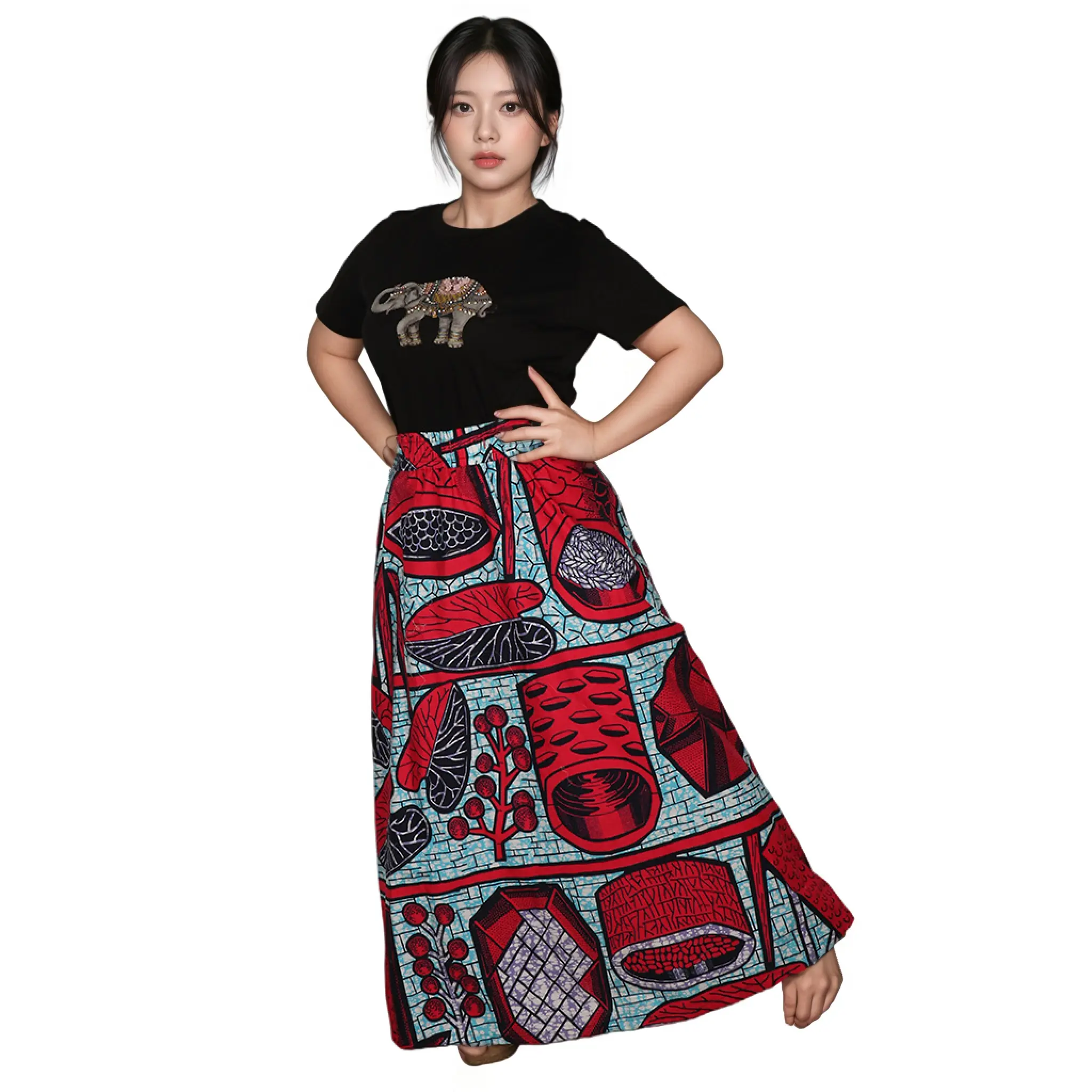 ODM Brand Summer Casual Pleated Floor-Length Natural Waist 100% Cotton Quality Skirts Womens Fashion European Cartoon Print Supplier, Factories