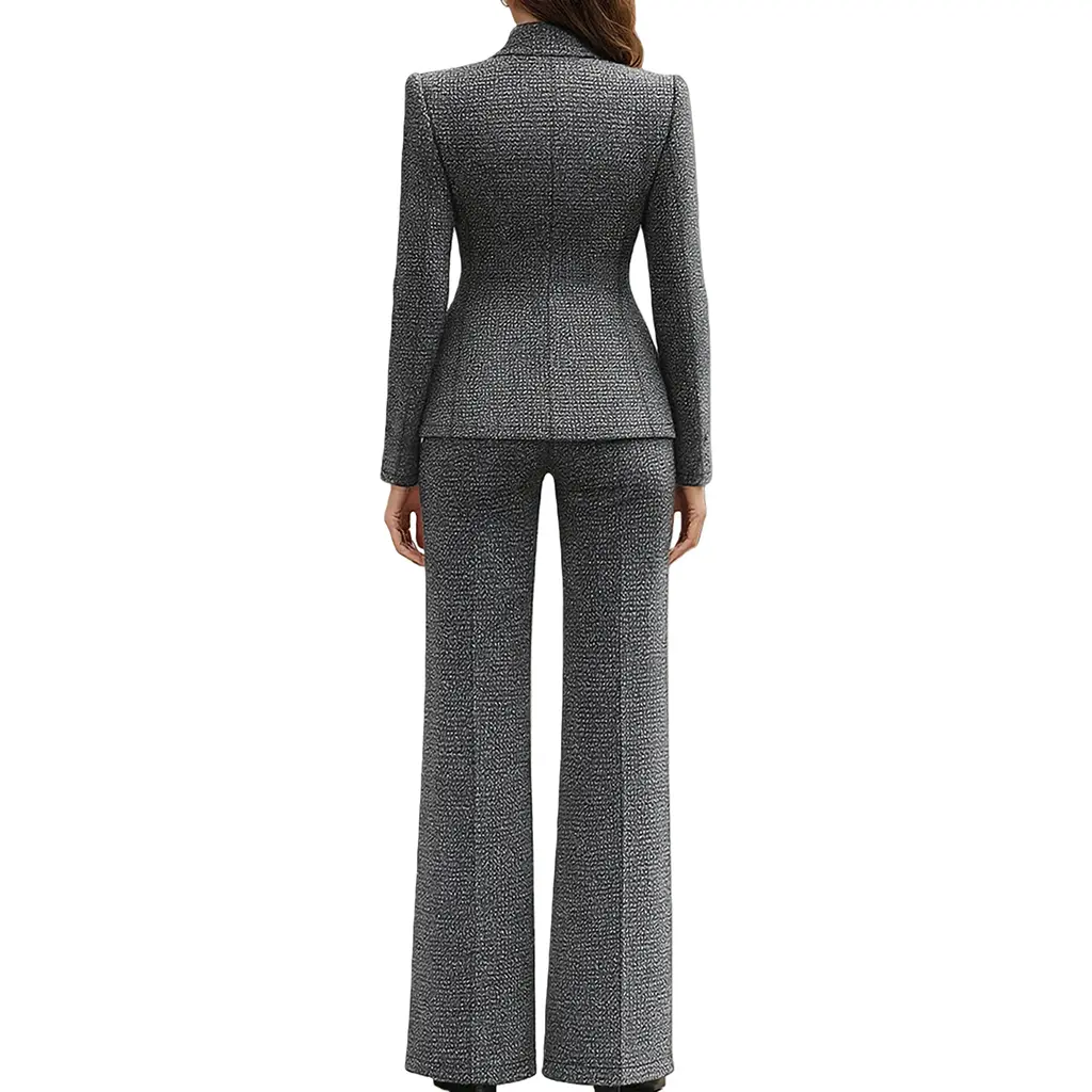 ODM Professional Formal Office Women's High-end Elegant Autumn Winter Blazer Flared Pants Two-piece Set Gray Plaid Worsted Button Manufacturers, Manufacturer