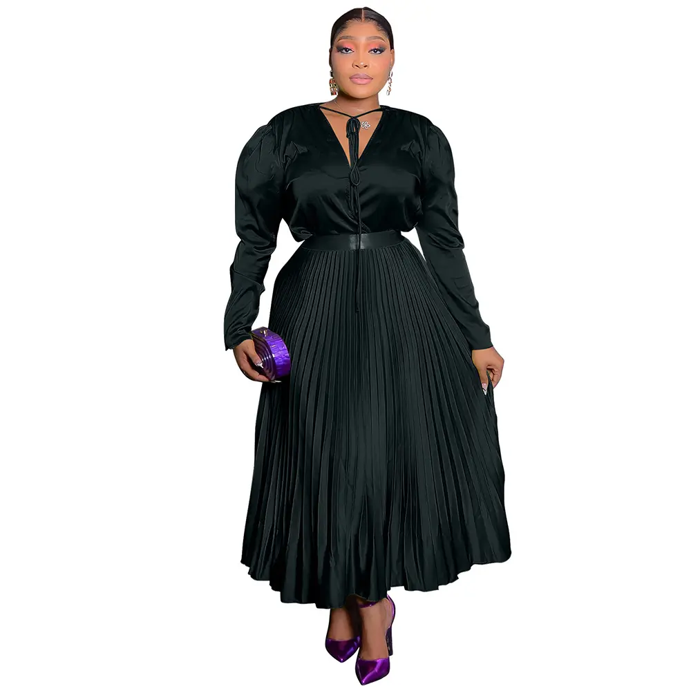 High-Quality Boutique Wholesale Summer New Style Embroidered Lace Satin Versatile Pleated Solid Color Long Sleeved Slimming Plus-size Dress Factories, Factory