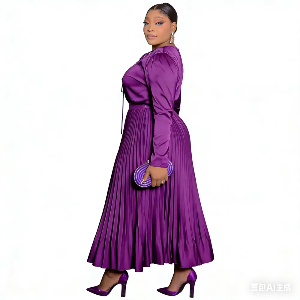 High-Quality Boutique Wholesale Summer New Style Embroidered Lace Satin Versatile Pleated Solid Color Long Sleeved Slimming Plus-size Dress Factories, Factory