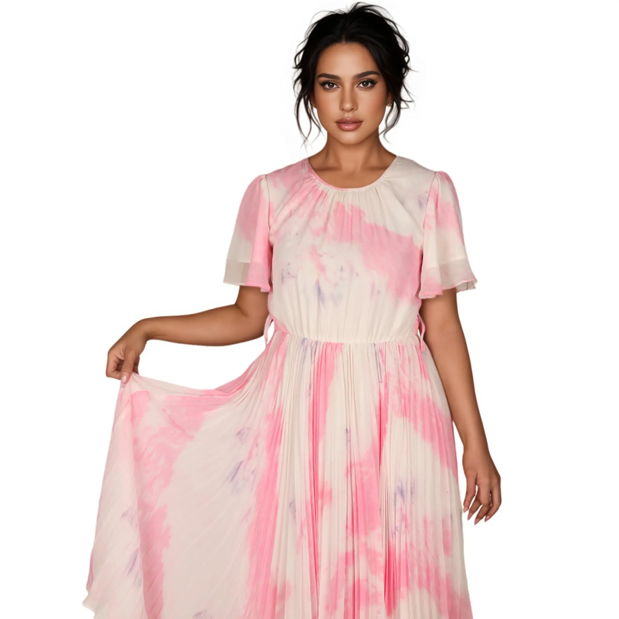 ODM New Beautiful Bright Color Rayon Tie-Dye Summer Beach and Resort Wear Dress for Women With Round Neck, Short Sleeve Dress Supplier, Factory