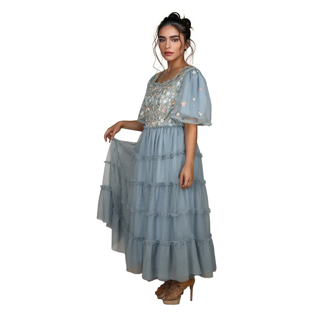 ODM Summer Fairycore Tunic Slim Casual Midi Dress for Women Empire Patchwork Sequined Mesh Dress Suppliers, Factory