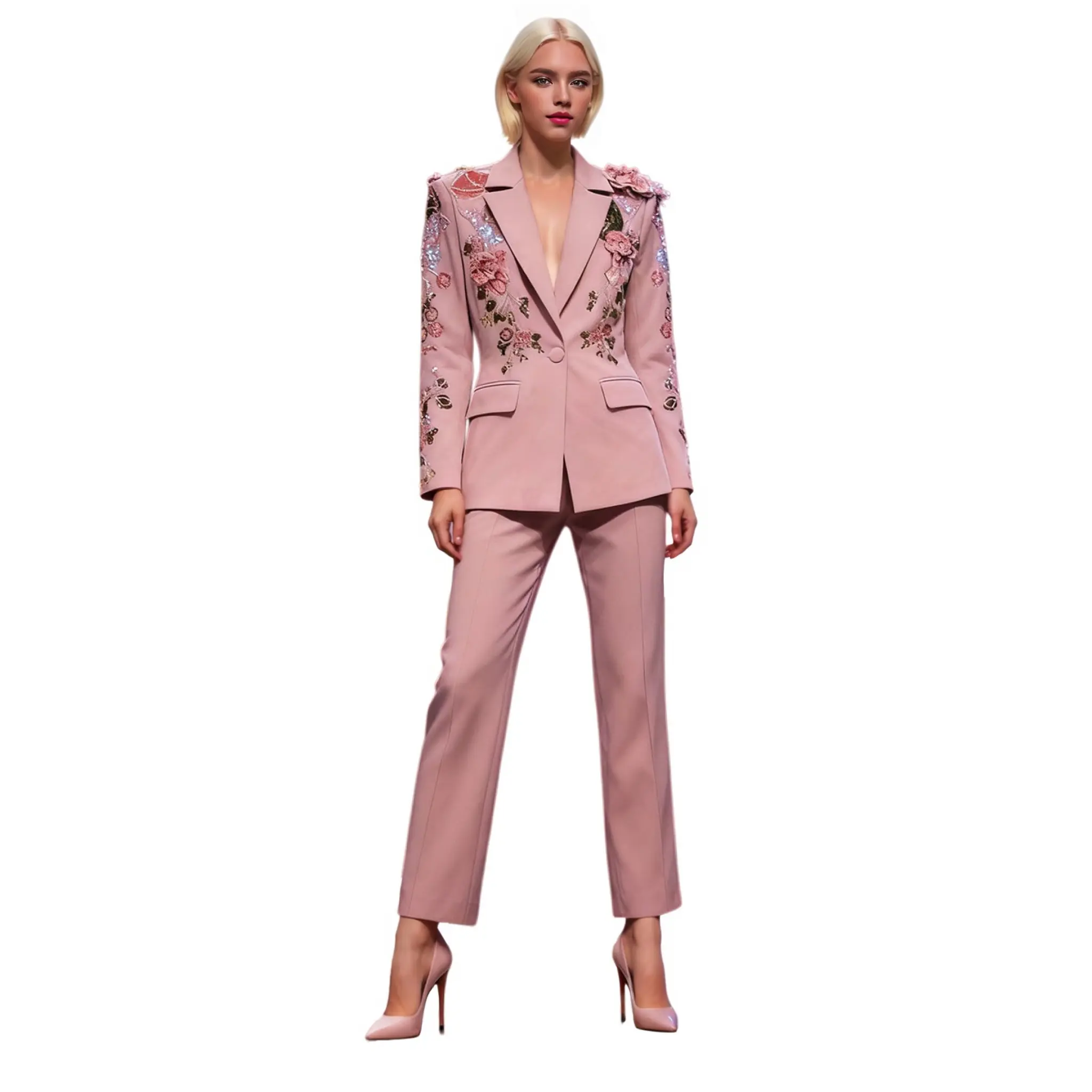 High-Quality Light pink suit set, 2025 autumn new style, women's 3D floral embroidery sequin patchwork jacket + wide-leg pants Suppliers, Manufacturer