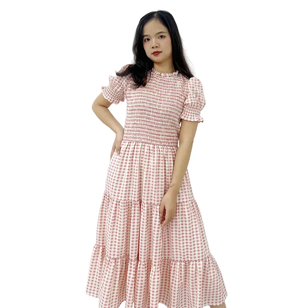 High-Quality Customized Casual Ladies O Neck Tiered Ruffles Heart Print Shirred Pink Floor-Length Natural Waist Dress for Women Supplier, Factories