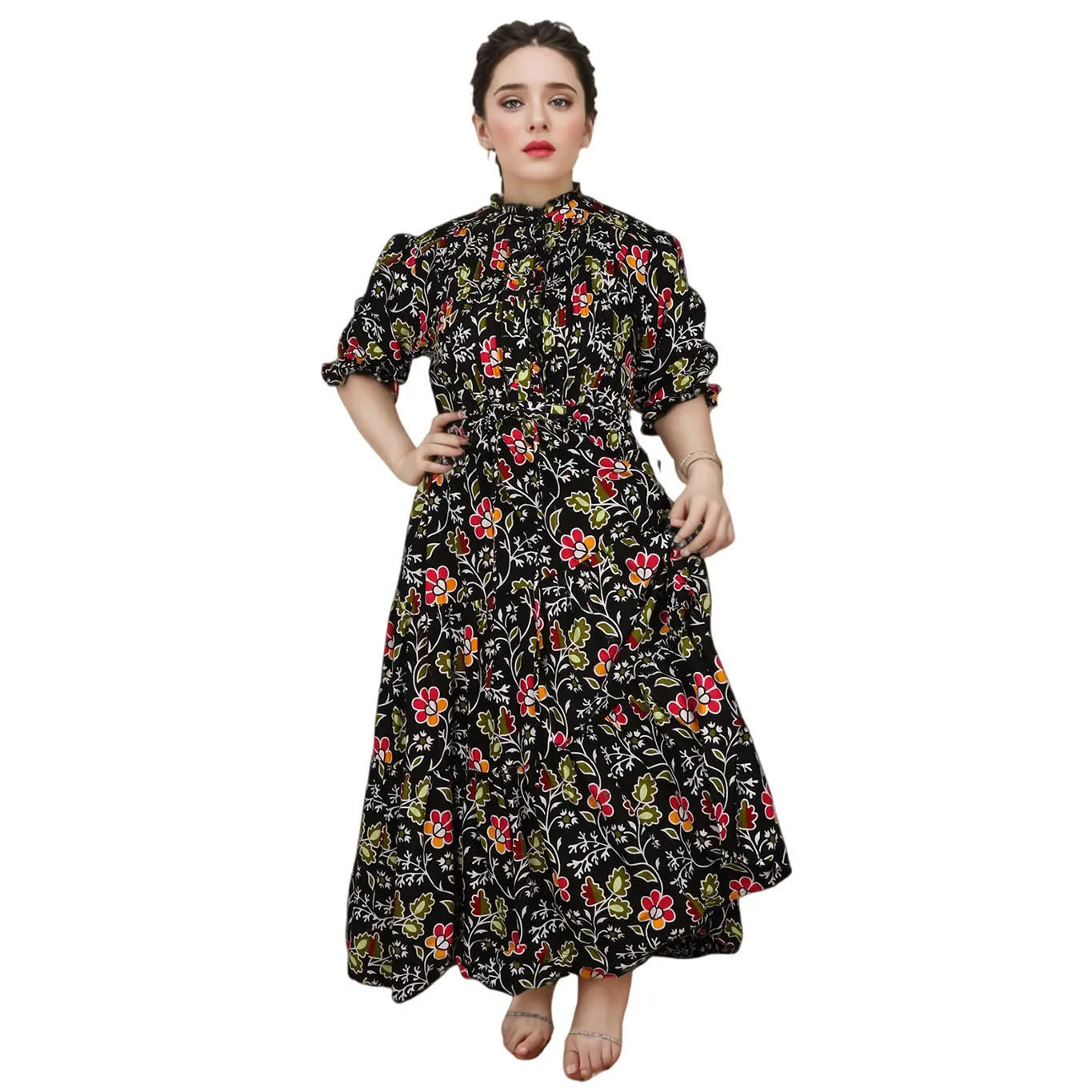 ODM Manufacturer Custom Ladies Fashion Dress New Style Short Sleeves Floral Pattern Casual Maxi Chiffon Fabric Autumn Season Natural Suppliers, Factory