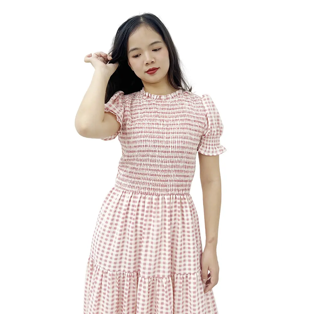 High-Quality Customized Casual Ladies O Neck Tiered Ruffles Heart Print Shirred Pink Floor-Length Natural Waist Dress for Women Supplier, Factories
