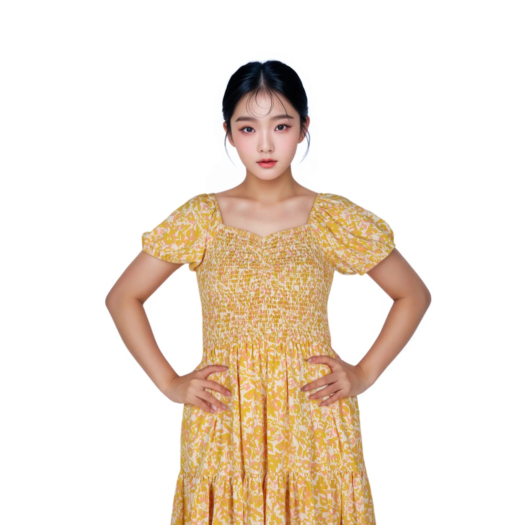 OEM Custom Yellow Floral Cotton-Linen Dress: Effortless Summer Style for Wholesale