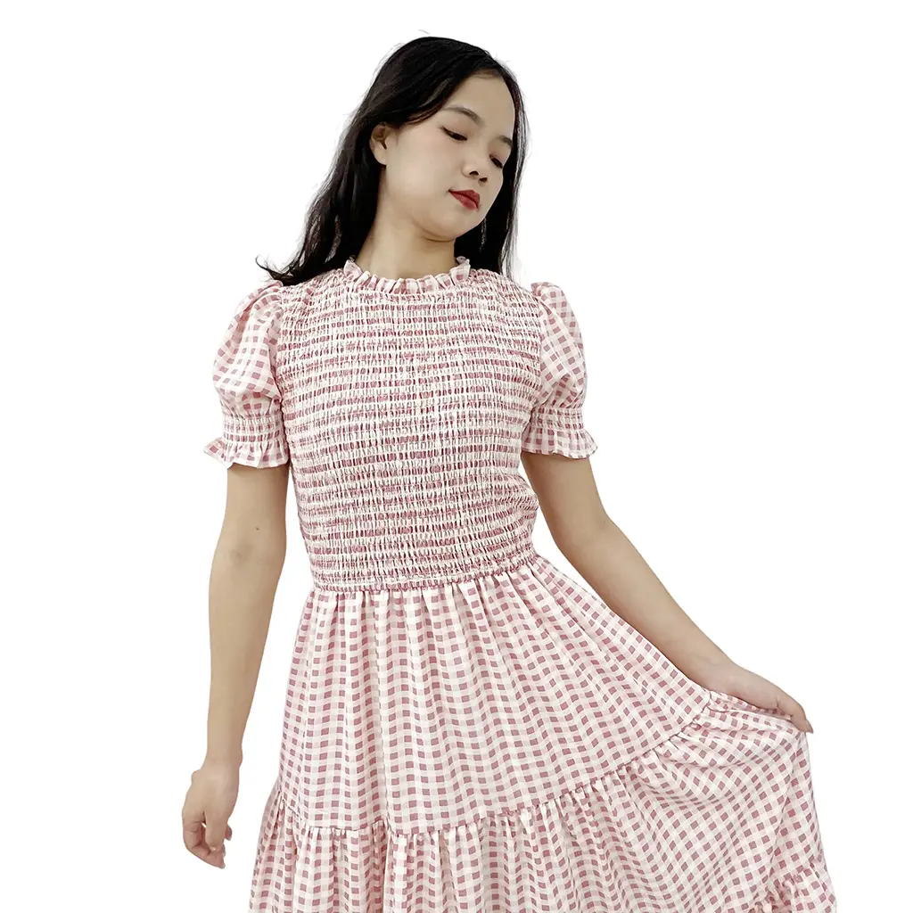 High-Quality Customized Casual Ladies O Neck Tiered Ruffles Heart Print Shirred Pink Floor-Length Natural Waist Dress for Women Supplier, Factories