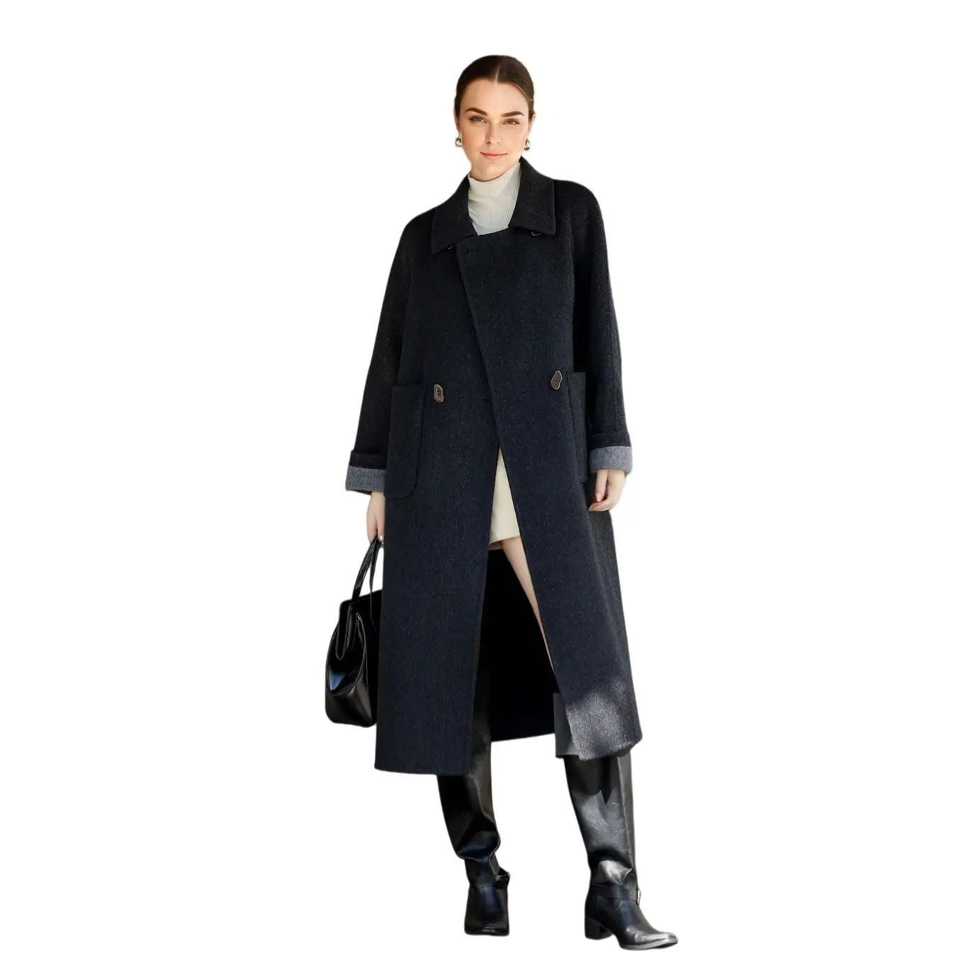 ODM Textured Drop Shoulder Sleeve Small Button Embellished Women's Overcoat With Slouchy Bag 100% Wool Coat Manufacturers, Manufacturer