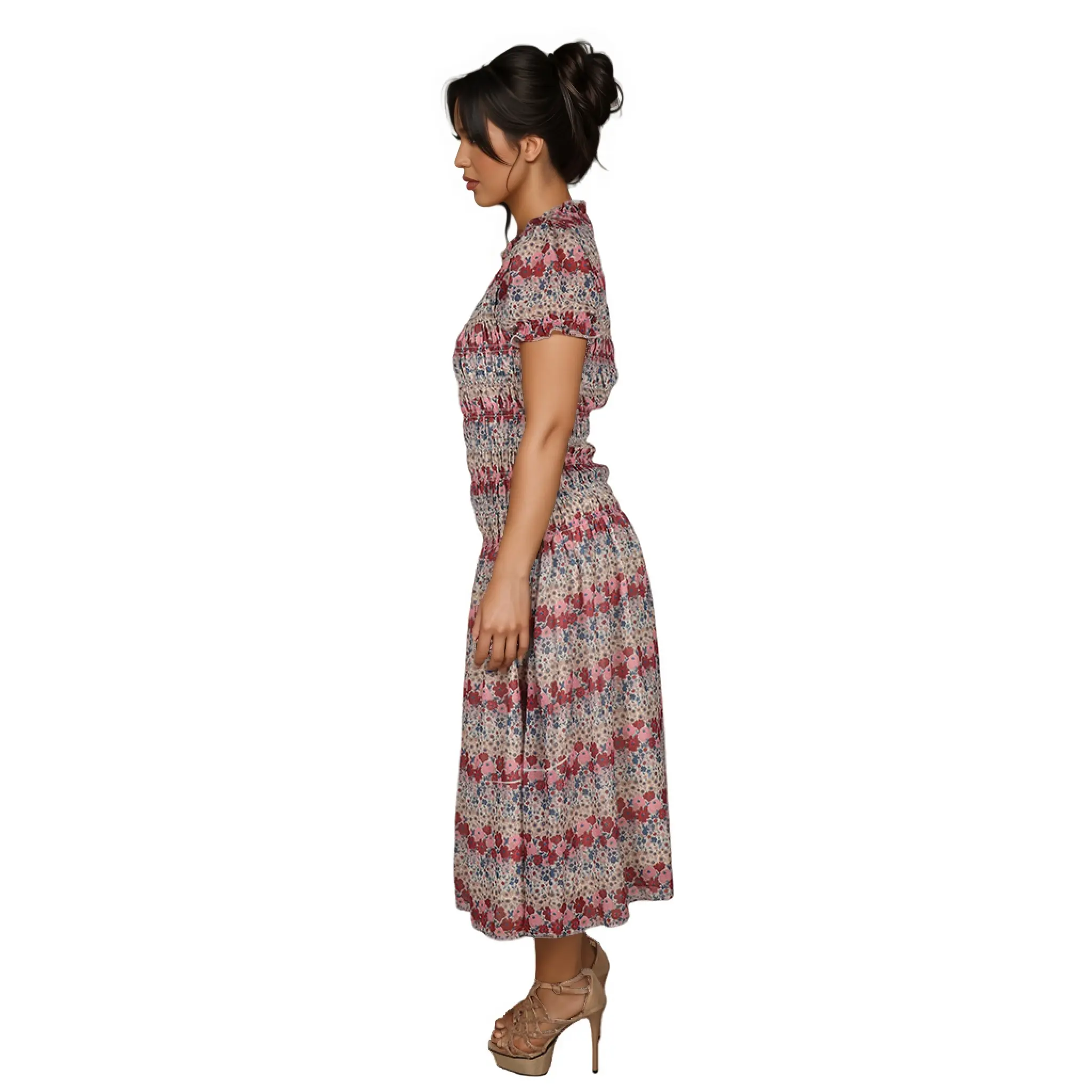 ODM Floral Printed Square Collar Short Sleeve Button Front Natural Waist Classic Fit Women's Knee-Length Casual SpringAutumn Suppliers, Factories
