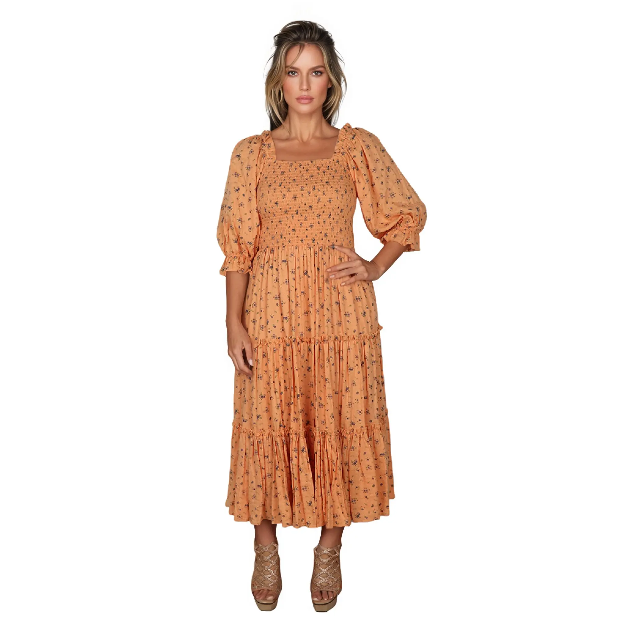 High-Quality Floral Print Square-Collar Cotton Summer Dress Suppliers, Factory