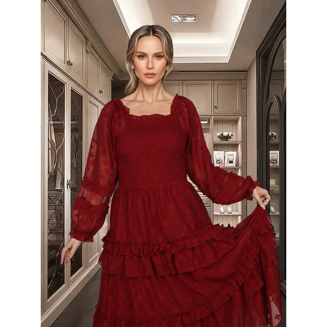 OEM Custom Square Neck Long-Sleeve Dress: Timeless Elegance for Discerning Women Manufacturers, Factory