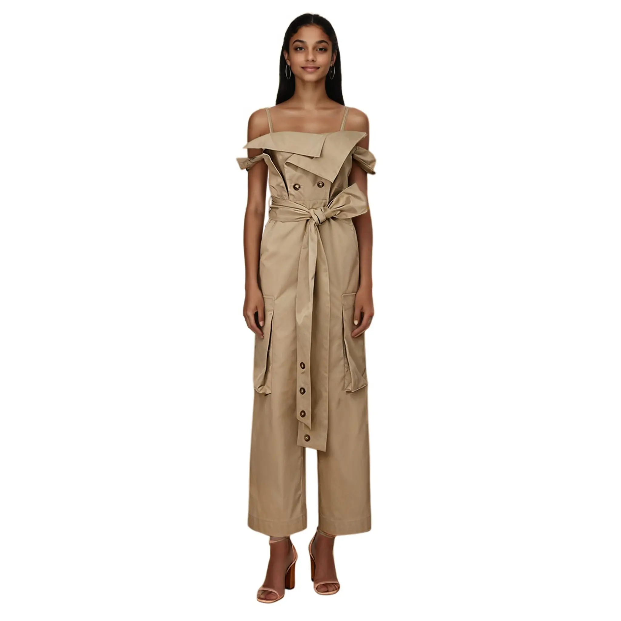High-Quality Khaki belted waist-cinching sleeveless jumpsuit with cargo pockets, new winter 2025 style, high-end women's trousers Suppliers, Manufacturer