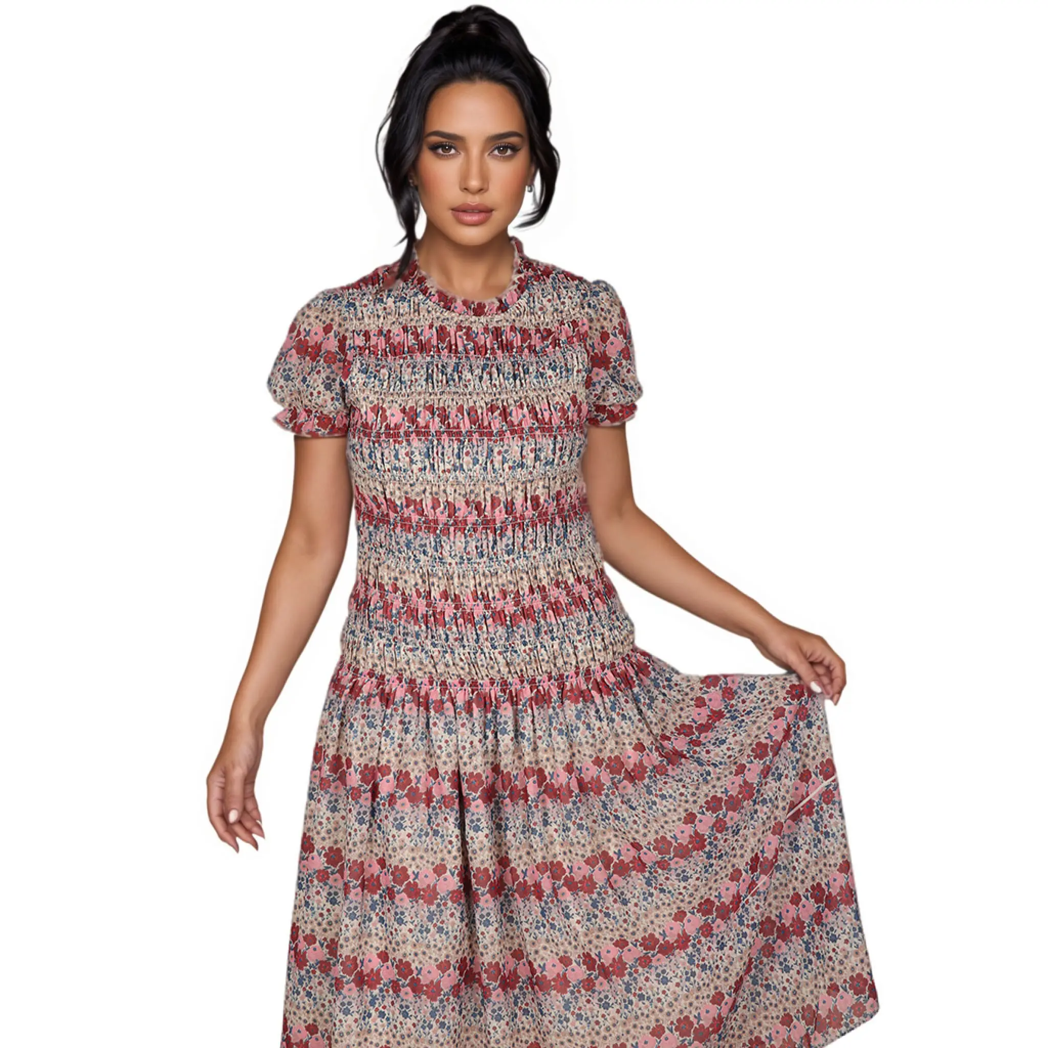 ODM Floral Printed Square Collar Short Sleeve Button Front Natural Waist Classic Fit Women's Knee-Length Casual SpringAutumn Suppliers, Factories