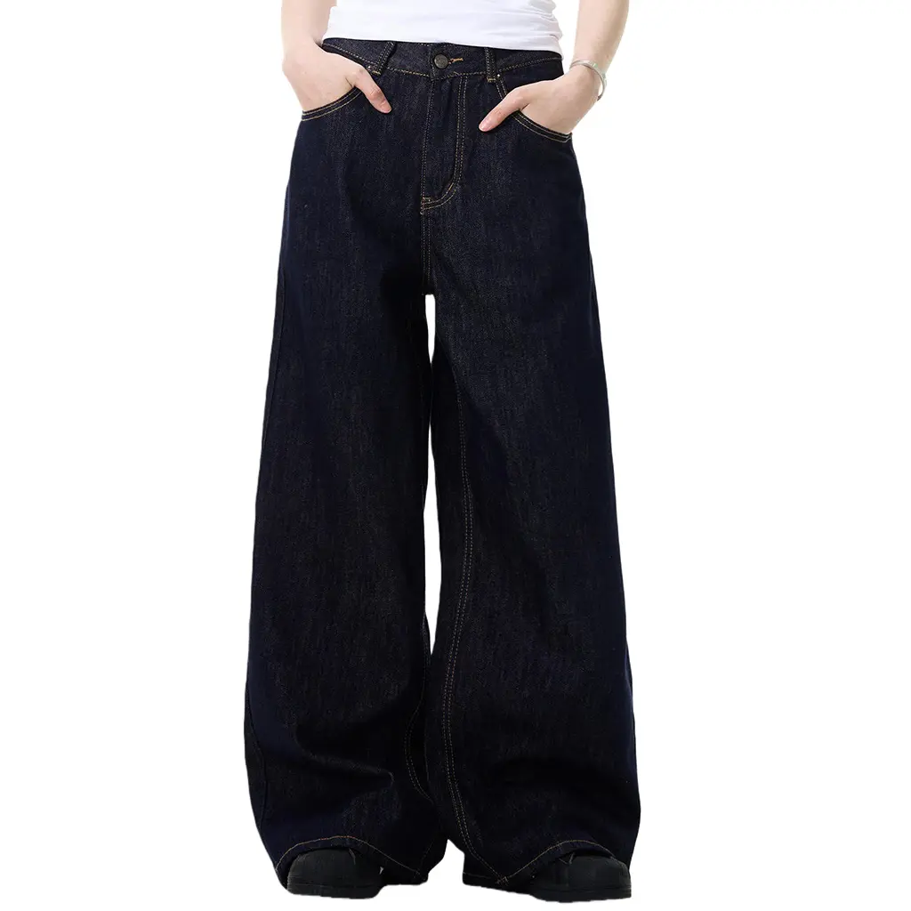 High-Quality American Style Simple Retro Blue Straight-Leg Cotton Denim Mid Waist Unisex Basic Loose Jeans Breathable Eco-Friendly Trendy Manufacturers, Factories