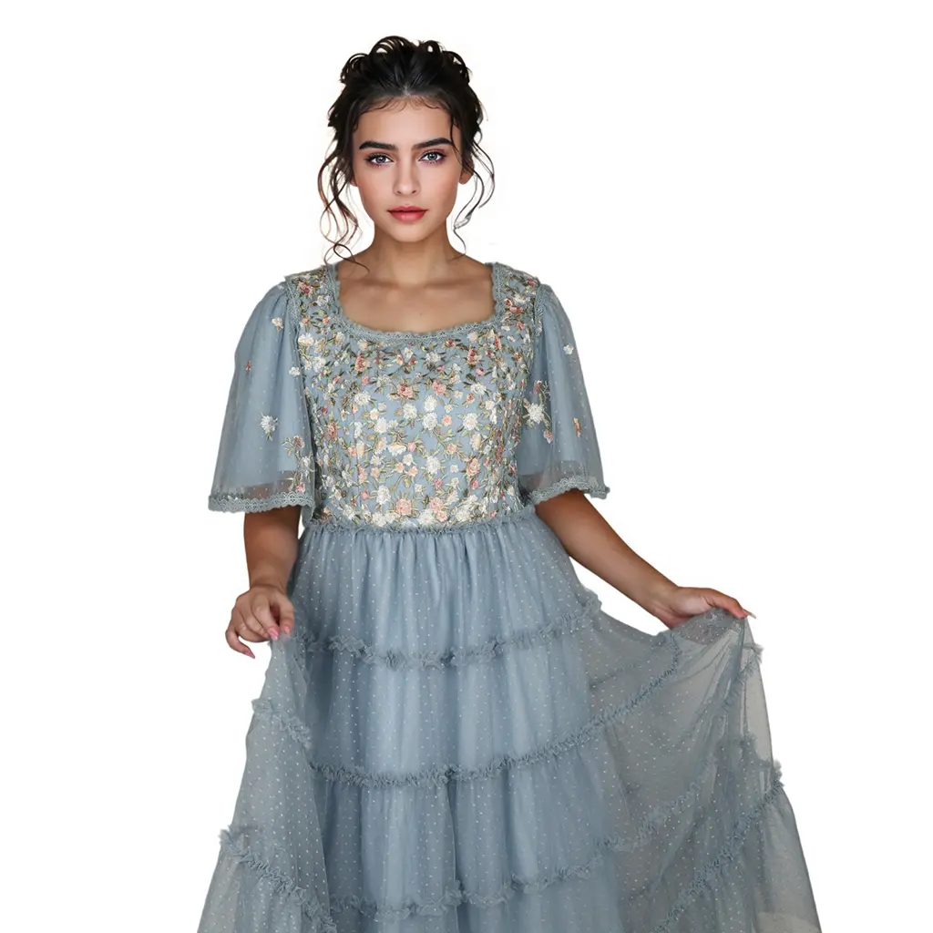 ODM Summer Fairycore Tunic Slim Casual Midi Dress for Women Empire Patchwork Sequined Mesh Dress Suppliers, Factory