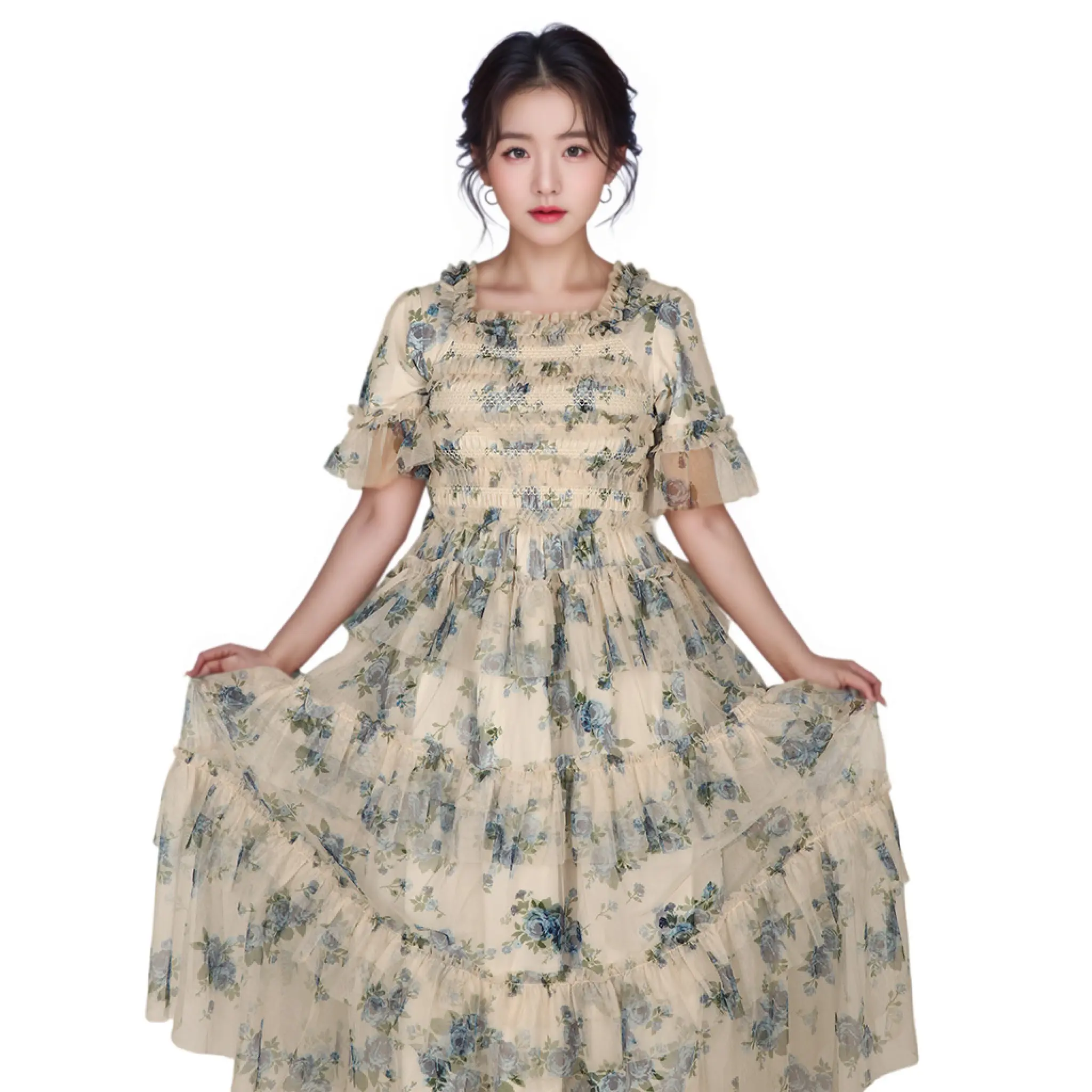 OEM ODM Custom Blue Floral Digital Print Dress Wholesale High Quality Smocked Flared Long Maxi Summer Dresses Women Clothes