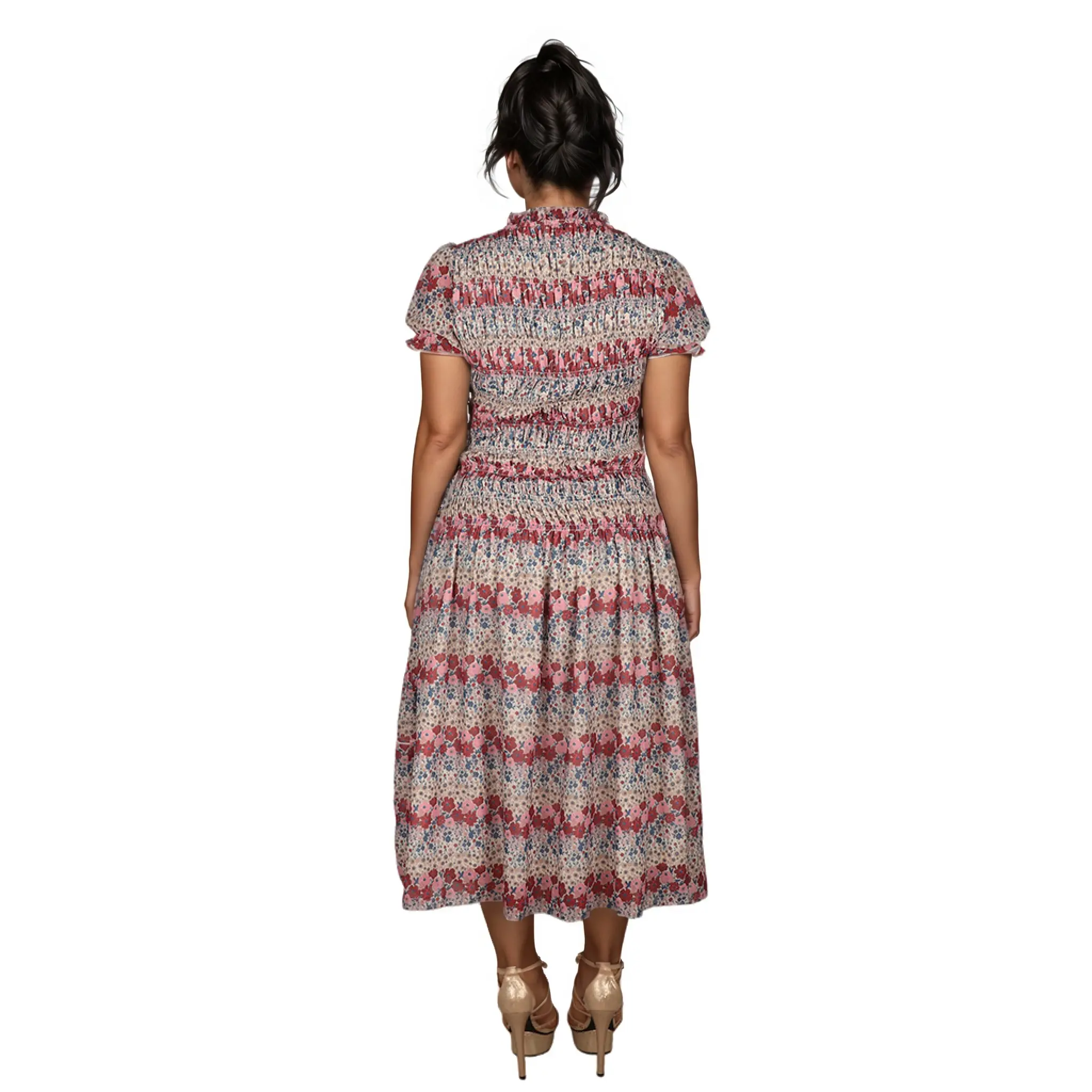 ODM Floral Printed Square Collar Short Sleeve Button Front Natural Waist Classic Fit Women's Knee-Length Casual SpringAutumn Suppliers, Factories
