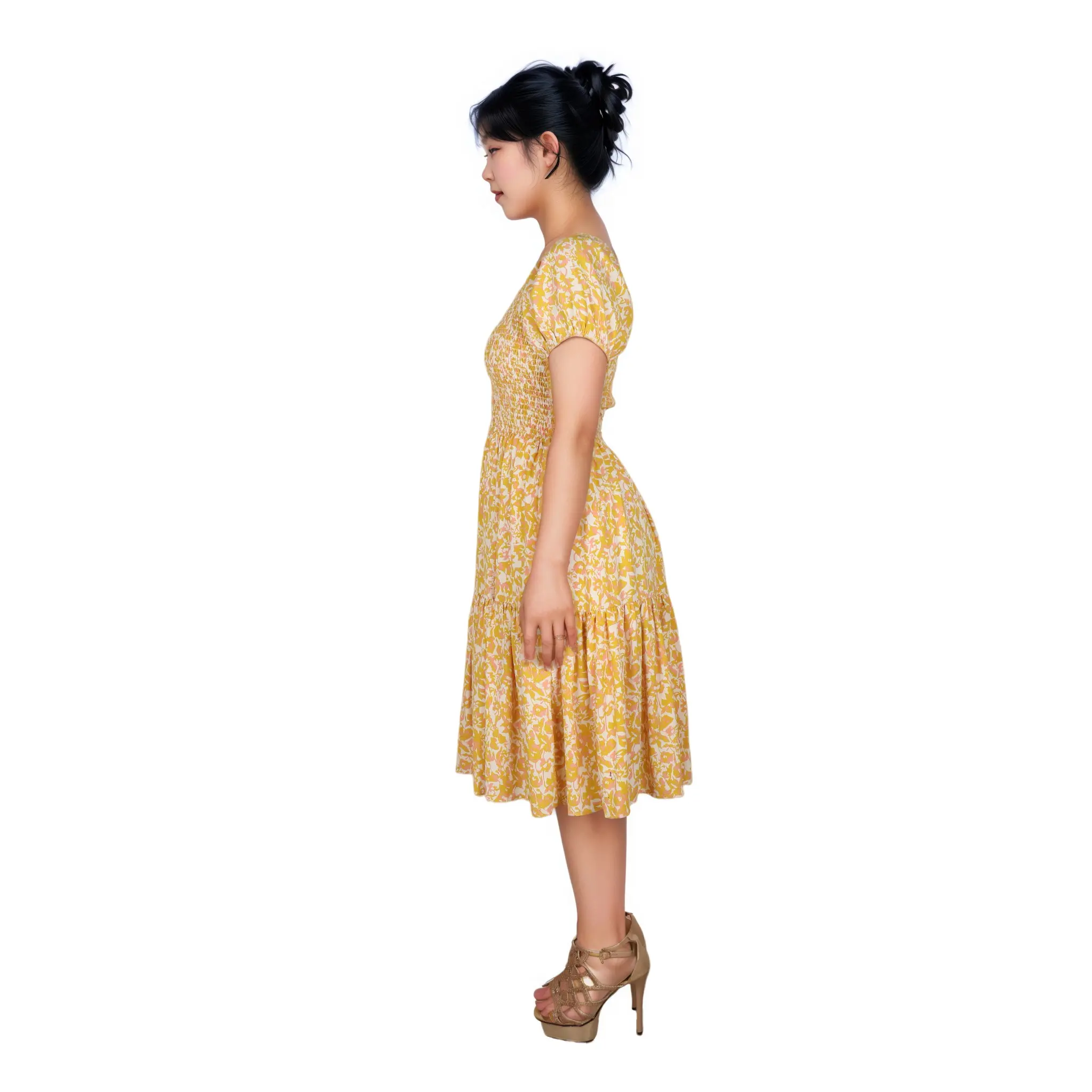 OEM Custom Yellow Floral Cotton-Linen Dress: Effortless Summer Style for Wholesale